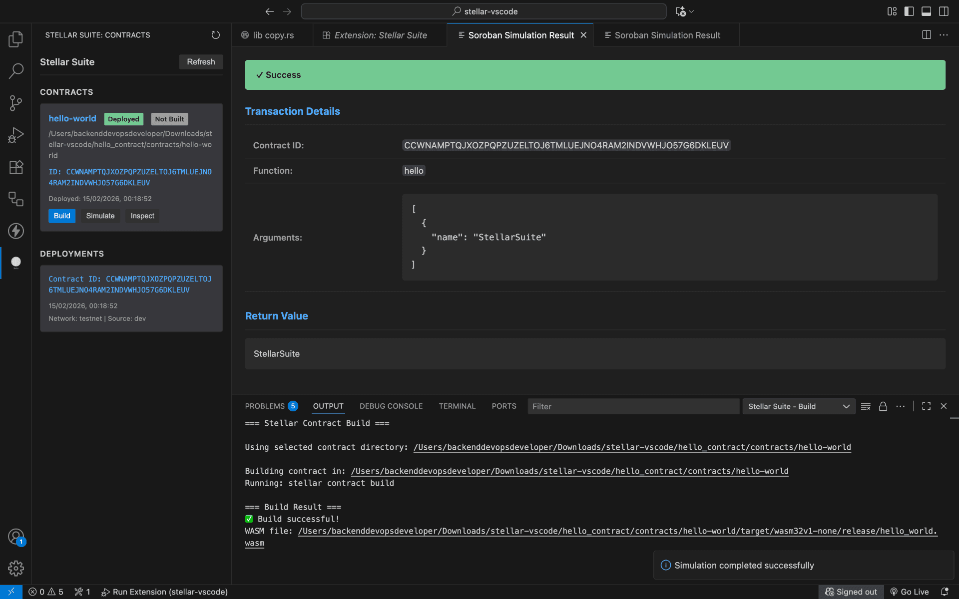 Stellar Kit (prev. Stellar Suite) VS Code extension — transaction simulation. MVP screenshot may show Stellar Suite in the UI.